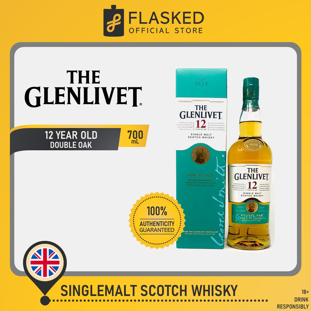 Glenlivet 12 Year Old Double Oak 700mL With Free Rock Glass