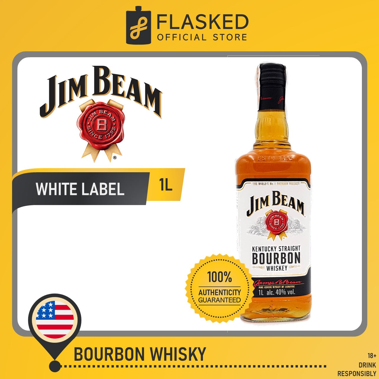 Jim Beam White Bourbon Whiskey 1L