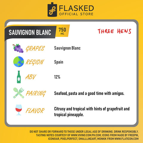 Three Hens Sauvignon Blanc 750ml w/ FREE Wine Bag and Wine Glass