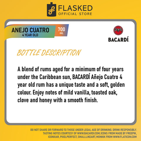 Bacardi Anejo Cuatro 4 Year Old Rum 700mL