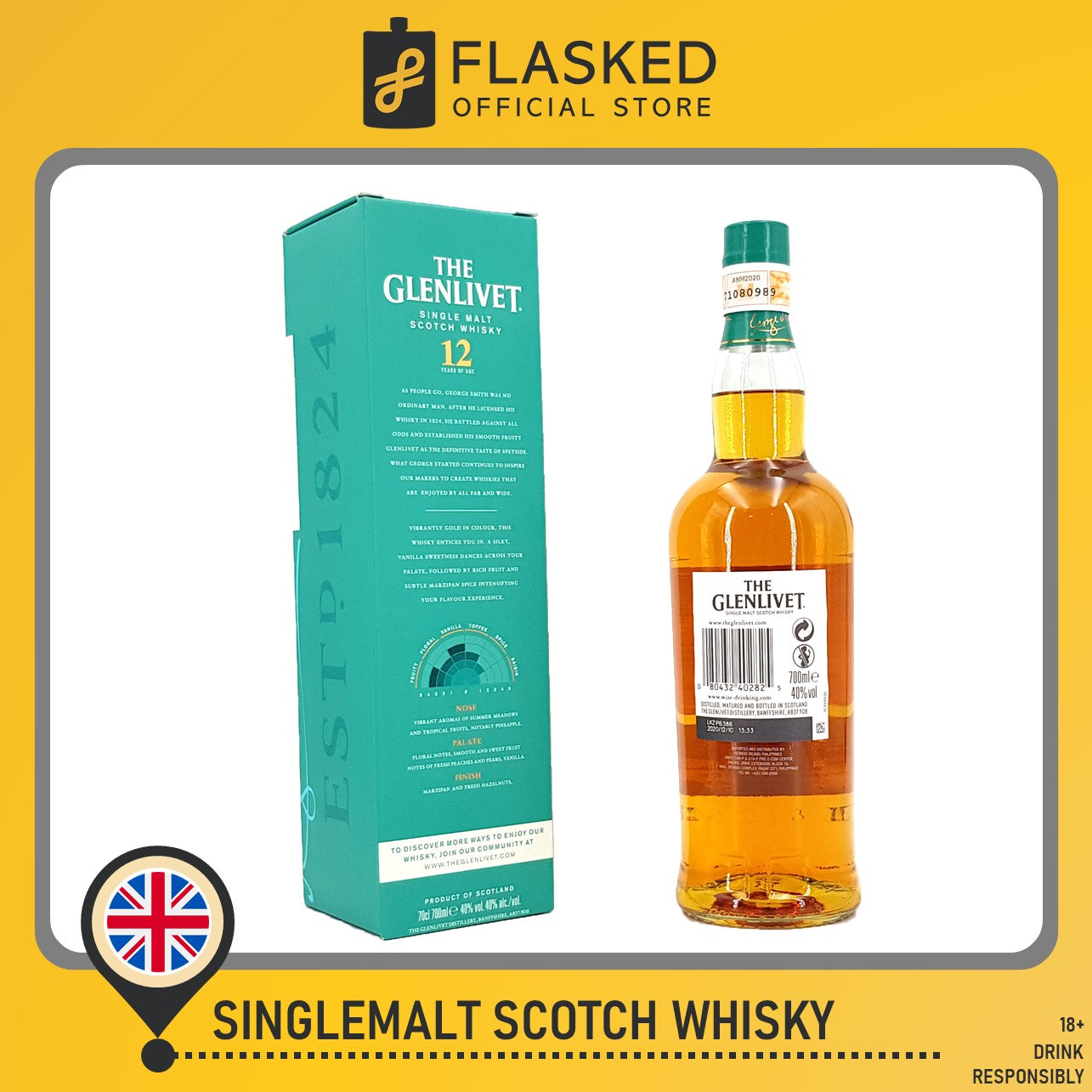 Glenlivet 12 Year Old Double Oak 700mL With Free Rock Glass