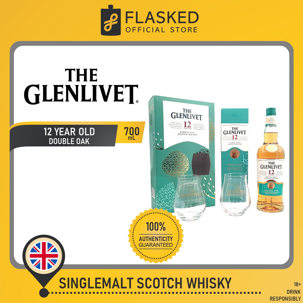 Glenlivet 12 Year Old Double Oak 700mL With Free Rock Glass