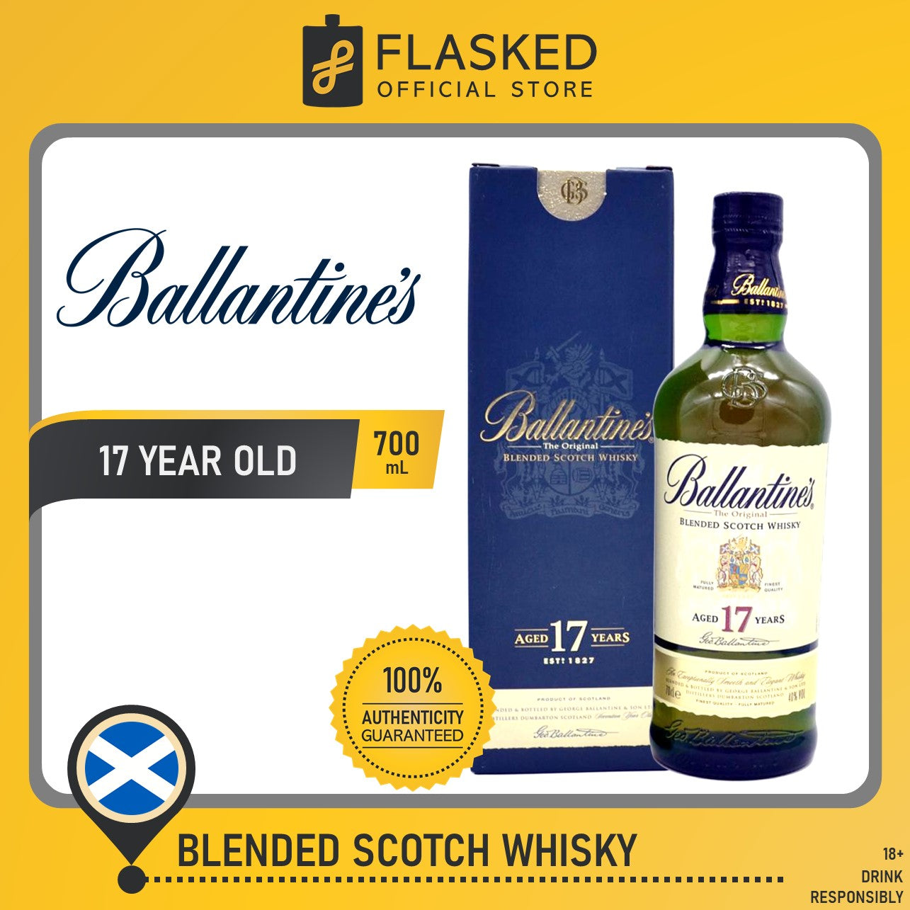 Ballantines 17 Year Old Blended Scotch Whisky 750mL – Flasked