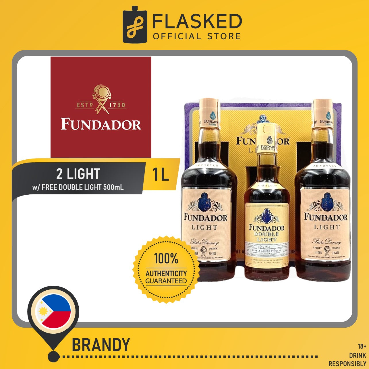 Fundador Light Brandy 1L 2 Bottles with Free Double Light Brandy