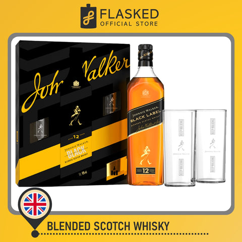 Johnnie Walker Festive Edition: Black Label Whisky 1L with 2 Highball Glasses Festive Pack